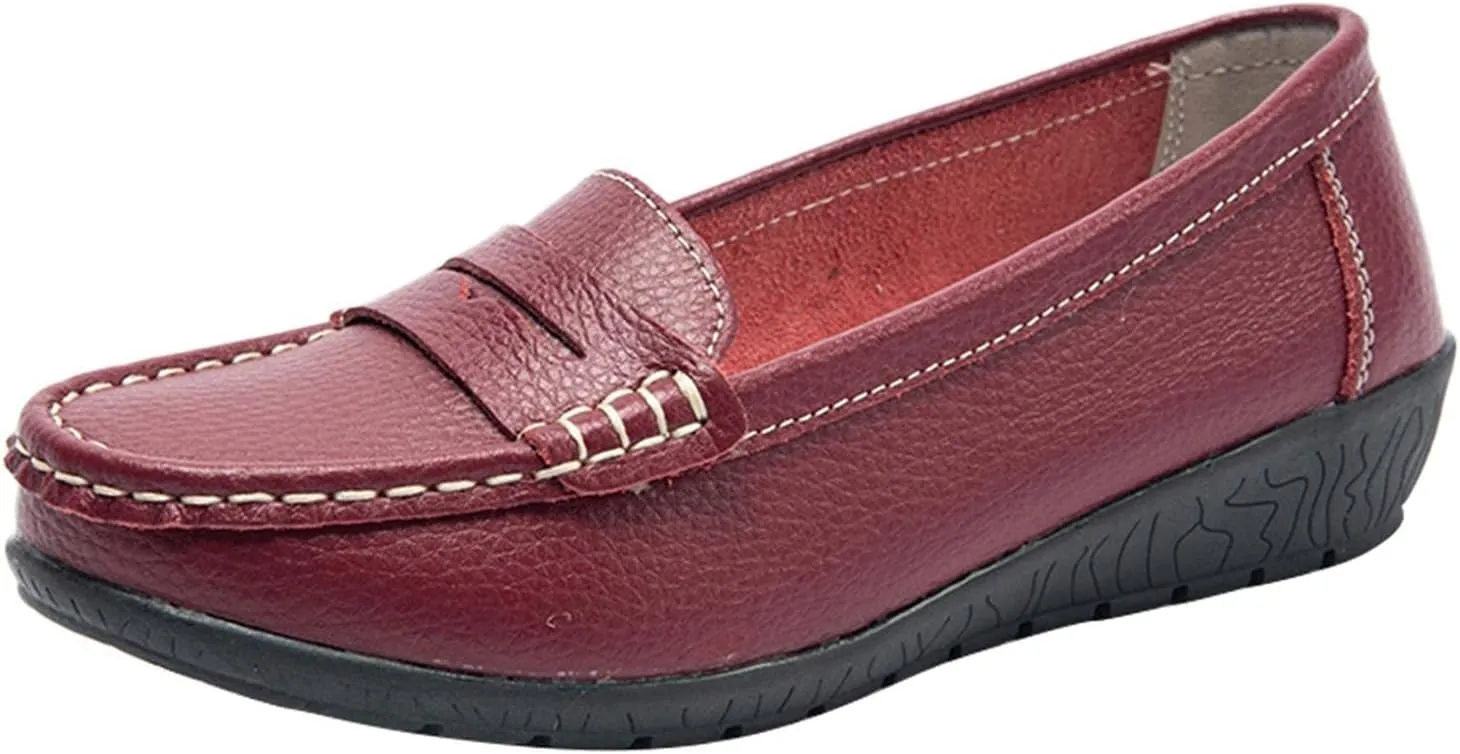 Hbeylia Women's Red Leather Slip On Loafers Fashion Casual Walking Shoes
