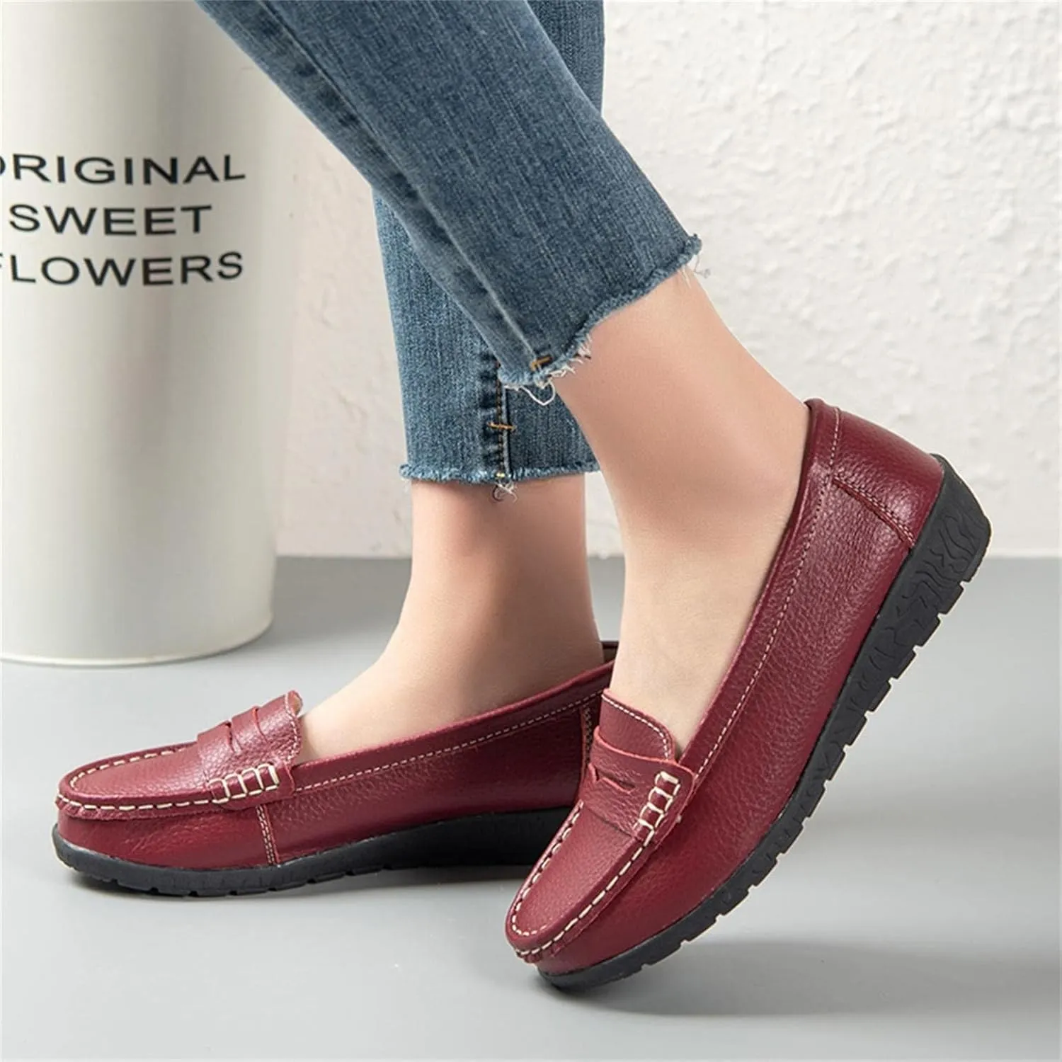 Hbeylia Women's Red Leather Slip On Loafers Fashion Casual Walking Shoes