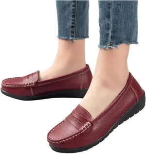 Hbeylia Women's Red Leather Slip On Loafers Fashion Casual Walking Shoes