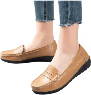 Hbeylia Women's Red Leather Slip On Loafers Fashion Casual Walking Shoes