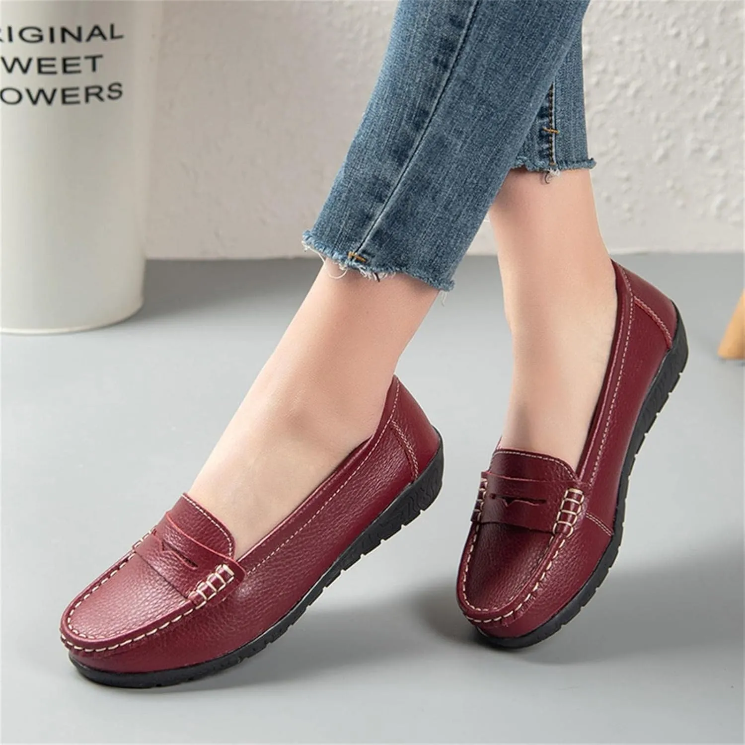 Hbeylia Women's Red Leather Slip On Loafers Fashion Casual Walking Shoes
