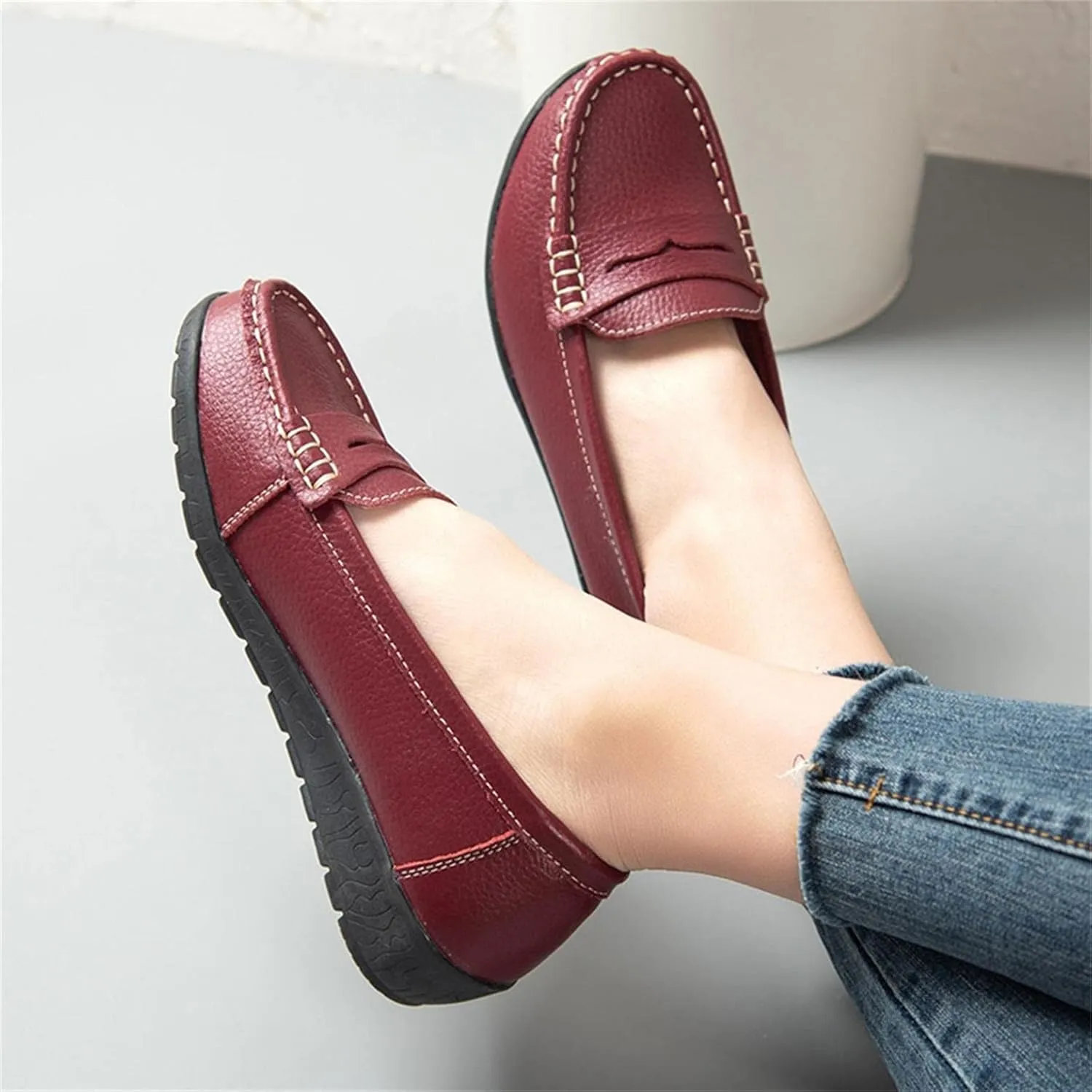 Hbeylia Women's Red Leather Slip On Loafers Fashion Casual Walking Shoes