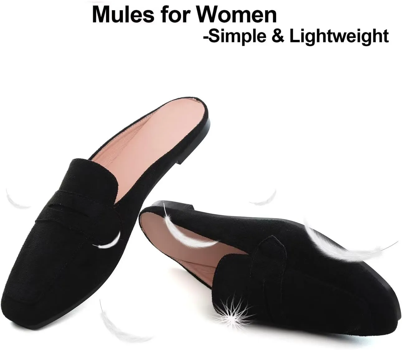 Hee grand Mules for Women Flats Square Toe Slip on Flat Slides Comfortable Suede Women Slippers Backless Loafer Shoes