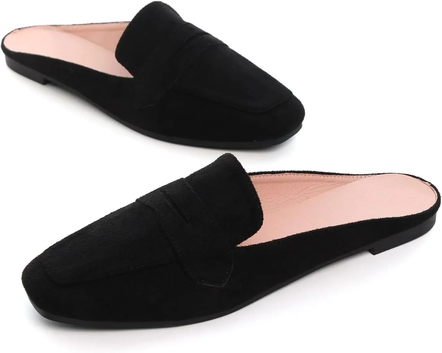 Hee grand Mules for Women Flats Square Toe Slip on Flat Slides Comfortable Suede Women Slippers Backless Loafer Shoes
