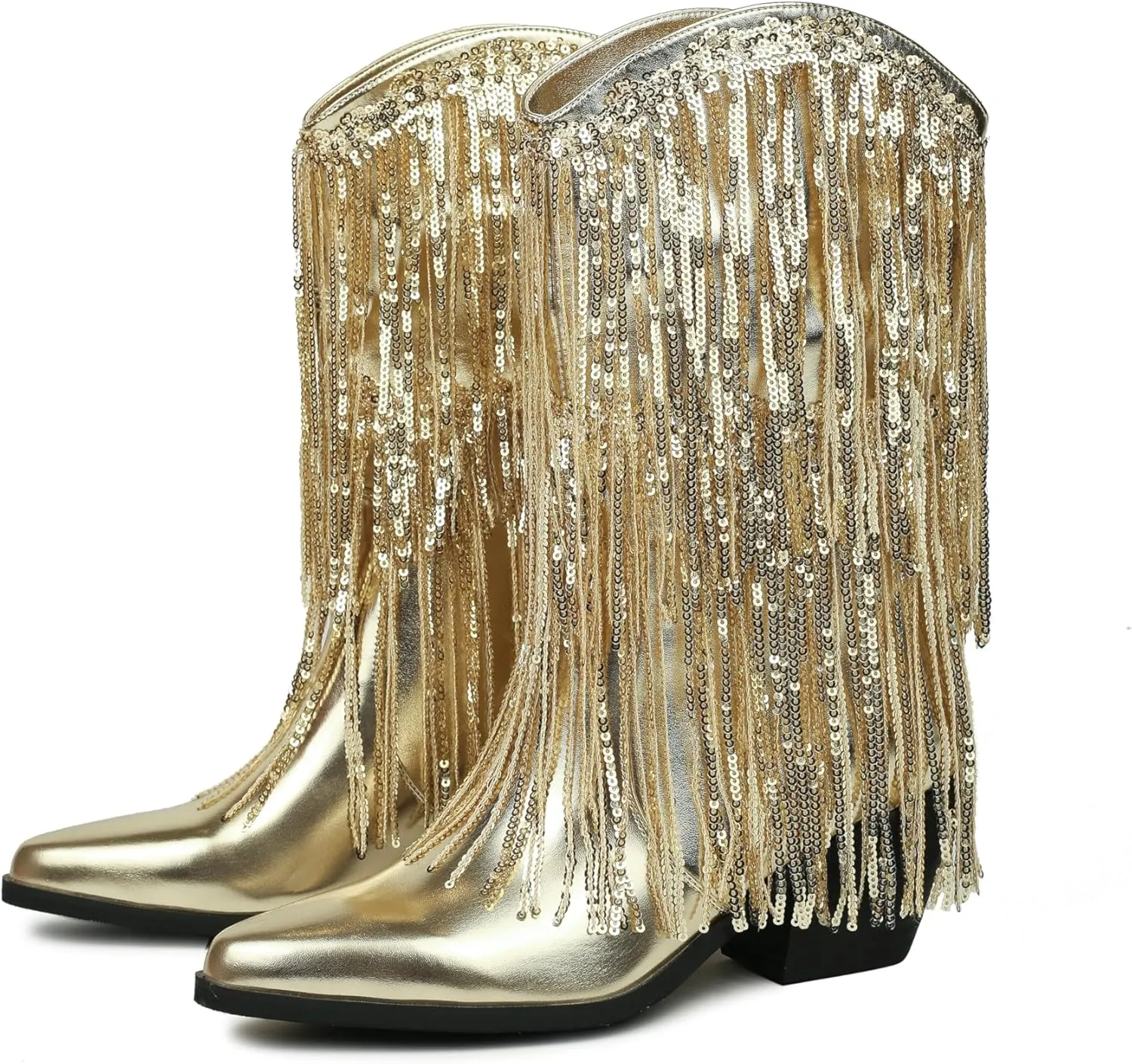 HiColor women's leather-like thick-heeled western pointed booties Black tassels & sequins decorated fashionable boots