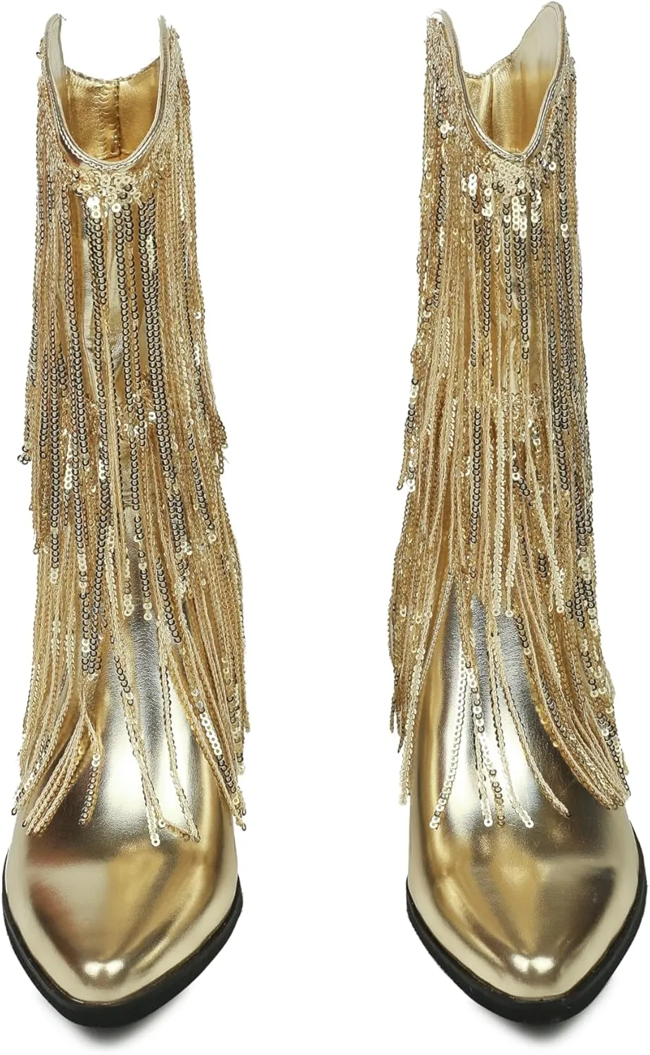 HiColor women's leather-like thick-heeled western pointed booties Black tassels & sequins decorated fashionable boots