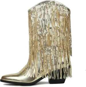 HiColor women's leather-like thick-heeled western pointed booties Black tassels & sequins decorated fashionable boots