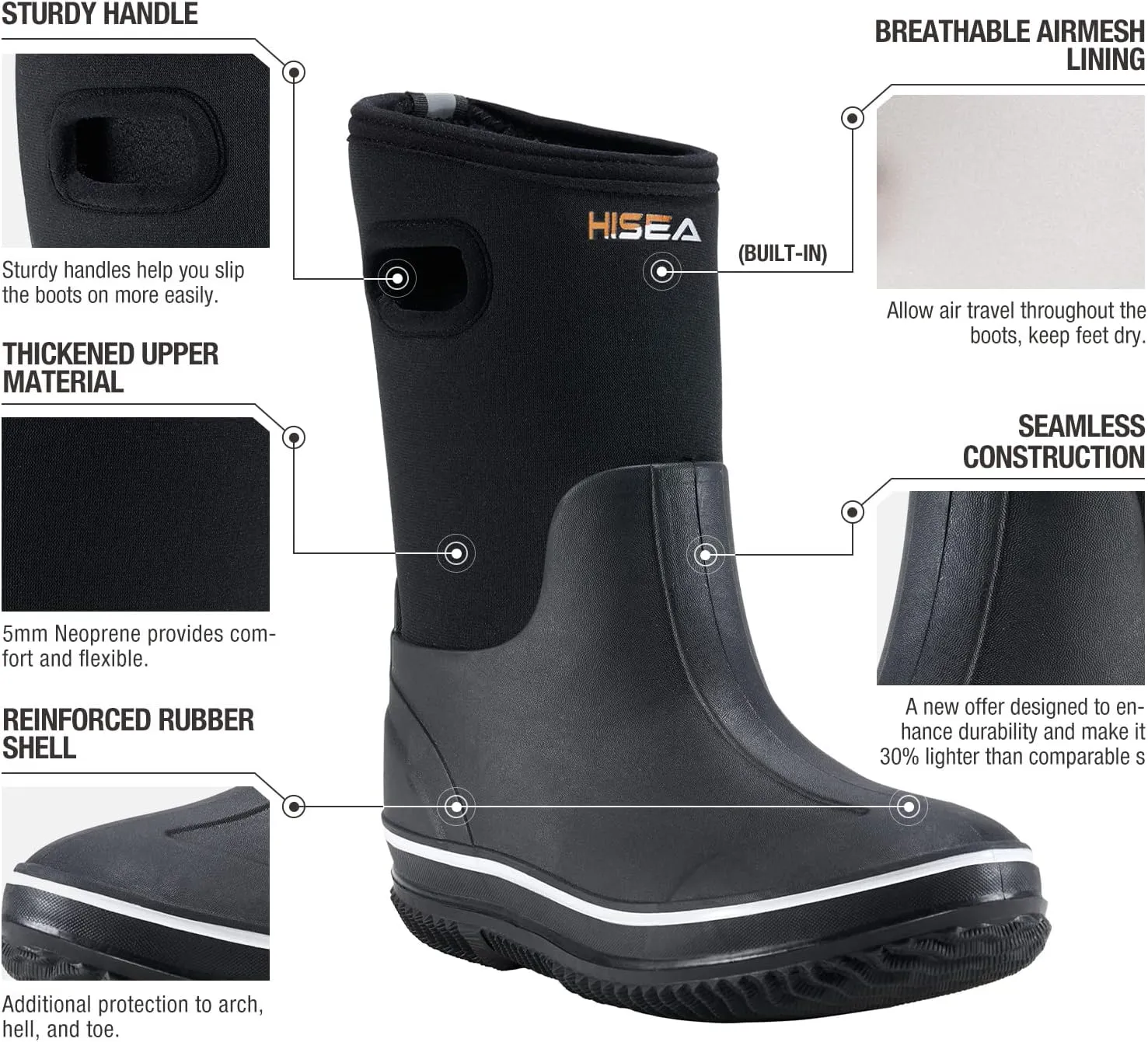 HISEA Kids Rain Boots for Boys Girls, Waterproof Insulated Rubber Neoprene Boots, Seamless Outdoor Boots with Handles Rainboot All Weather Mud Boots for Rain, Snow, Winter and Muck (Little Kid/Big Kid)