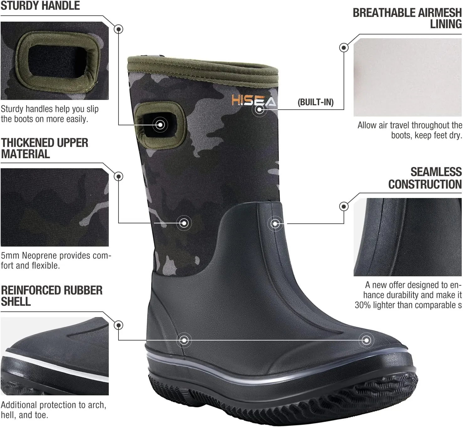 HISEA Kids Rain Boots for Boys Girls, Waterproof Insulated Rubber Neoprene Boots, Seamless Outdoor Boots with Handles Rainboot All Weather Mud Boots for Rain, Snow, Winter and Muck (Little Kid/Big Kid)