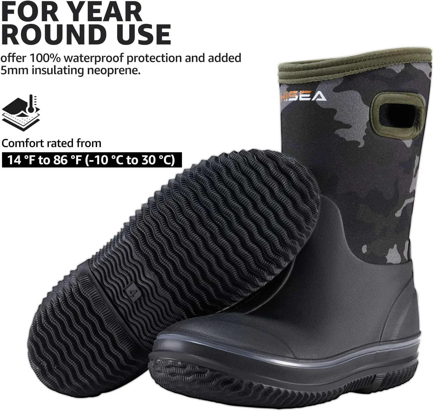 HISEA Kids Rain Boots for Boys Girls, Waterproof Insulated Rubber Neoprene Boots, Seamless Outdoor Boots with Handles Rainboot All Weather Mud Boots for Rain, Snow, Winter and Muck (Little Kid/Big Kid)