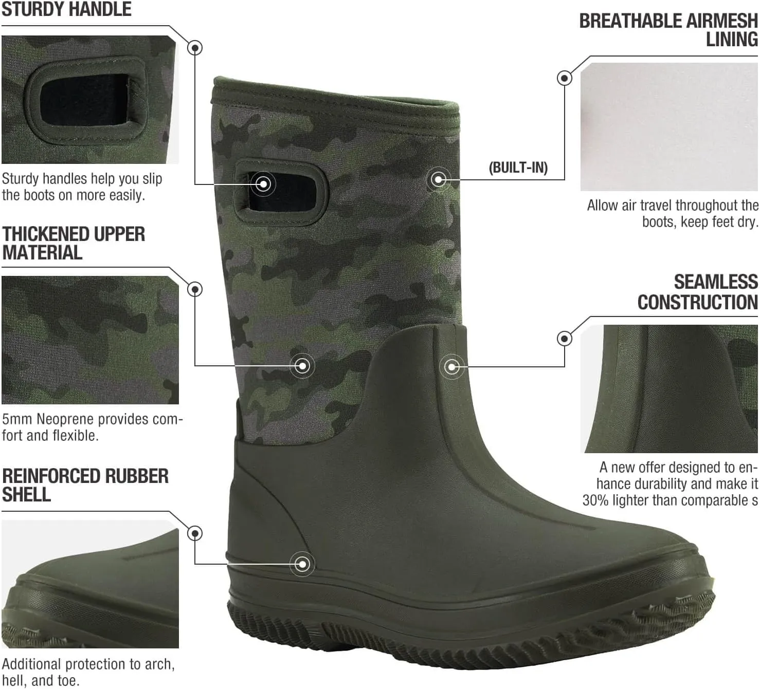 HISEA Kids Rain Boots for Boys Girls, Waterproof Insulated Rubber Neoprene Boots, Seamless Outdoor Boots with Handles Rainboot All Weather Mud Boots for Rain, Snow, Winter and Muck (Little Kid/Big Kid)