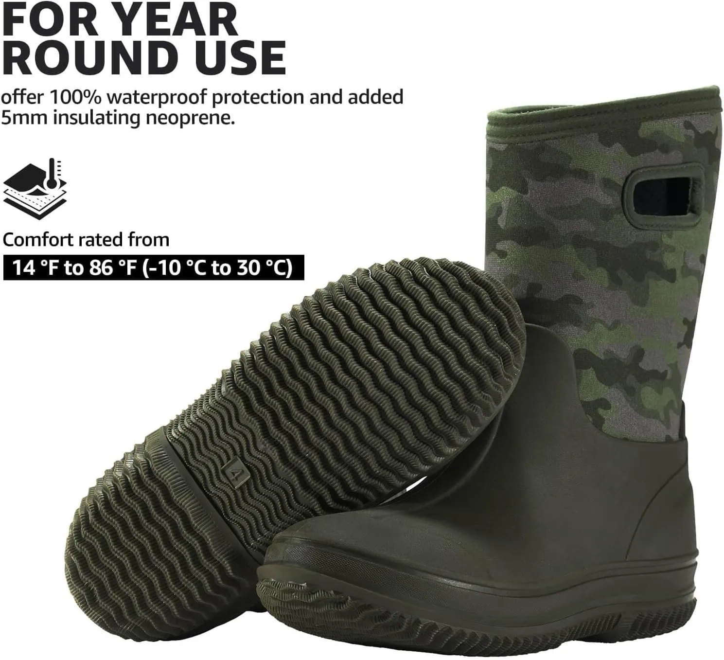 HISEA Kids Rain Boots for Boys Girls, Waterproof Insulated Rubber Neoprene Boots, Seamless Outdoor Boots with Handles Rainboot All Weather Mud Boots for Rain, Snow, Winter and Muck (Little Kid/Big Kid)
