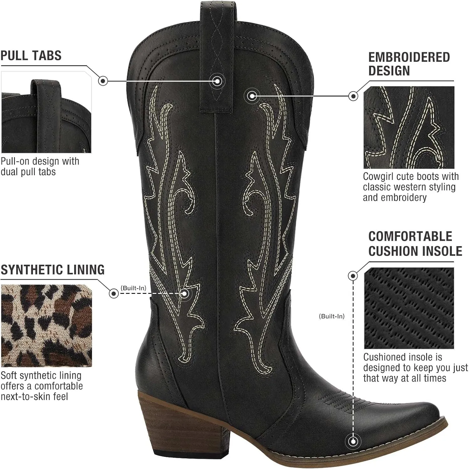 HISEA Rollda Cowboy Boots for Women Cowgirl Boots Ladies Western Embroidery Pointy Toe