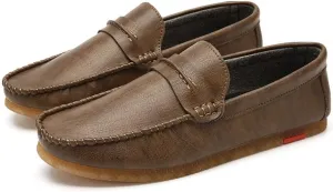 HOOENG Driving Moccasins for Men Penny Loafer Vegan Leather Stitching Details Round Toe Rubber Sole Flexible Anti-Slip Flat Heel Lightweight Outdoor Slip On (Color : Brown, Size : 10)