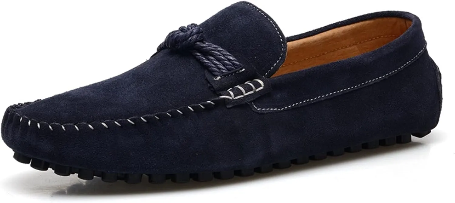 HOOENG Loafer Shoes for Men Suede Vamp Round Toe Breathable Stitching Details Rope Tie Flat Heel Flexible Soft Walking Slip on (Color : Navy, Size : 7.5)