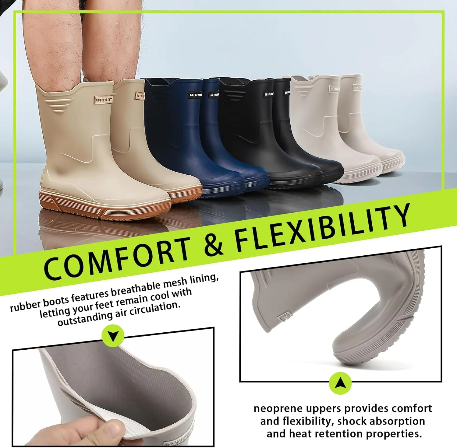 Hsttgsr Rain Boots for Men Waterproof Fashionable Rubber Boots Non-slip Outdoor Garden Boots Mid Calf Muck Work Shoes Comfort Lightweight Rainboots for Fishing Climbing