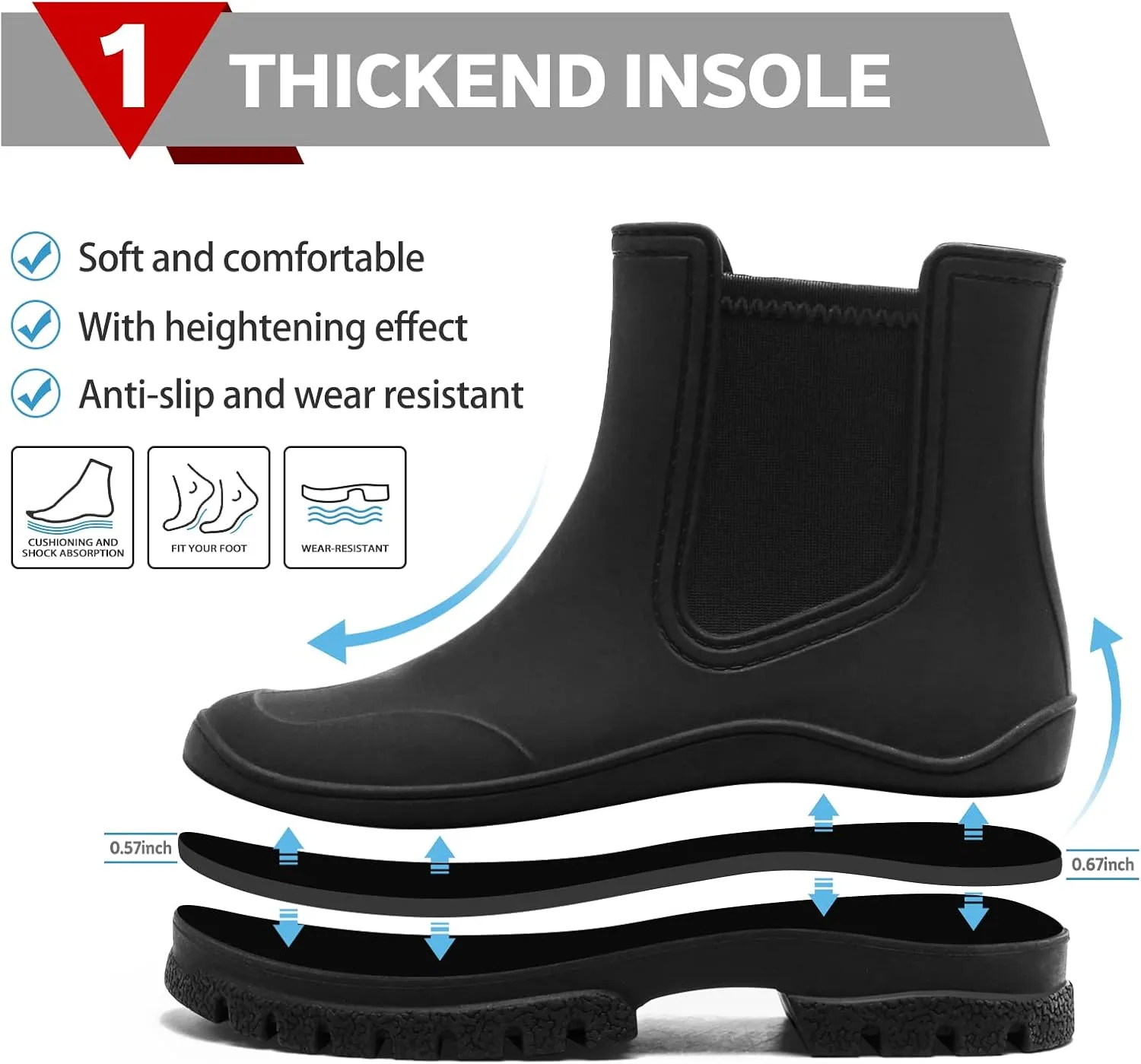Hsttgsr Women's Rain Boots, Comfortable Elastic Adult Ankle Booties, Fashion Mid Heel Chelsea Boots, Waterproof Non-Slip Chunky Platform Lug Sole Short Garden Boots