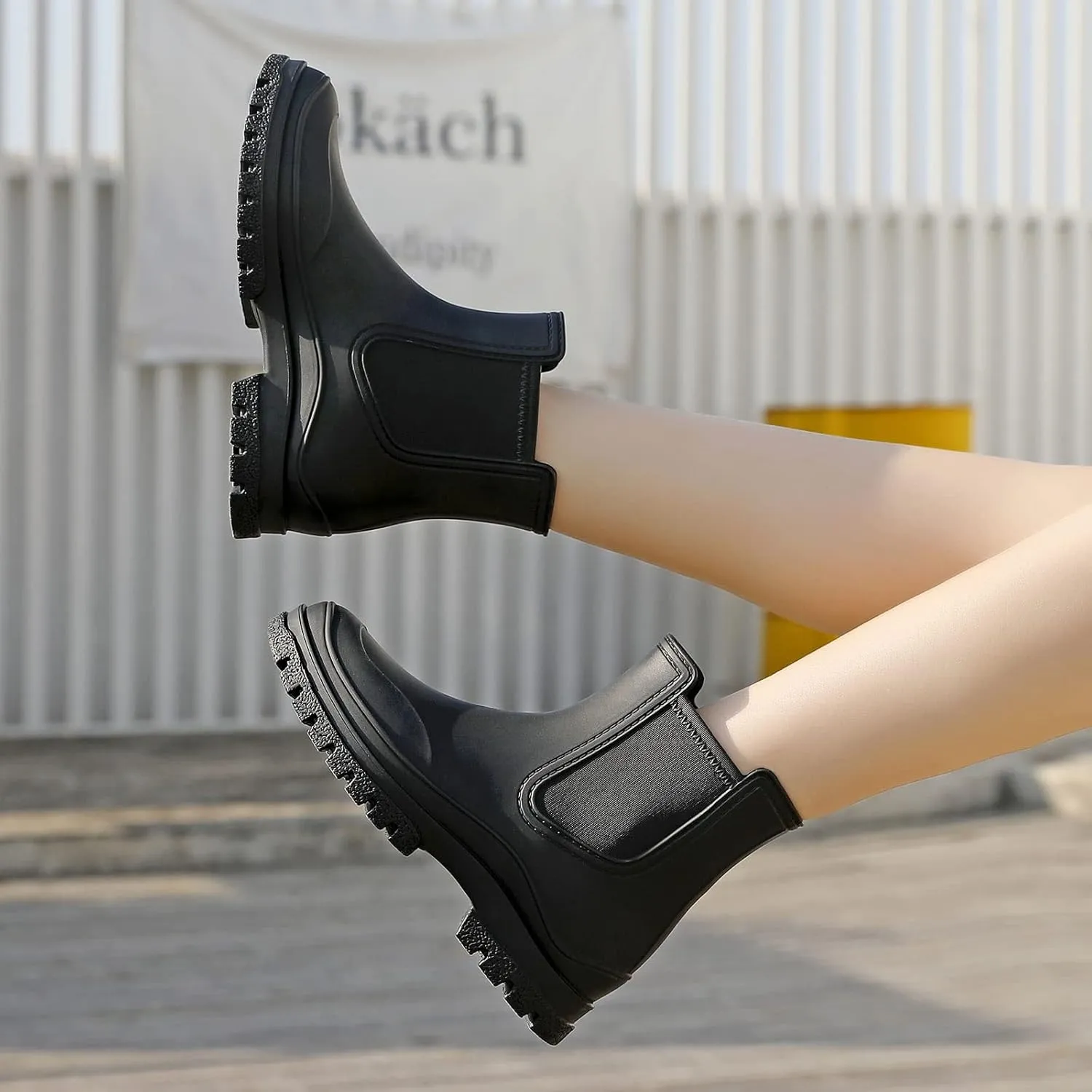 Hsttgsr Women's Rain Boots, Comfortable Elastic Adult Ankle Booties, Fashion Mid Heel Chelsea Boots, Waterproof Non-Slip Chunky Platform Lug Sole Short Garden Boots