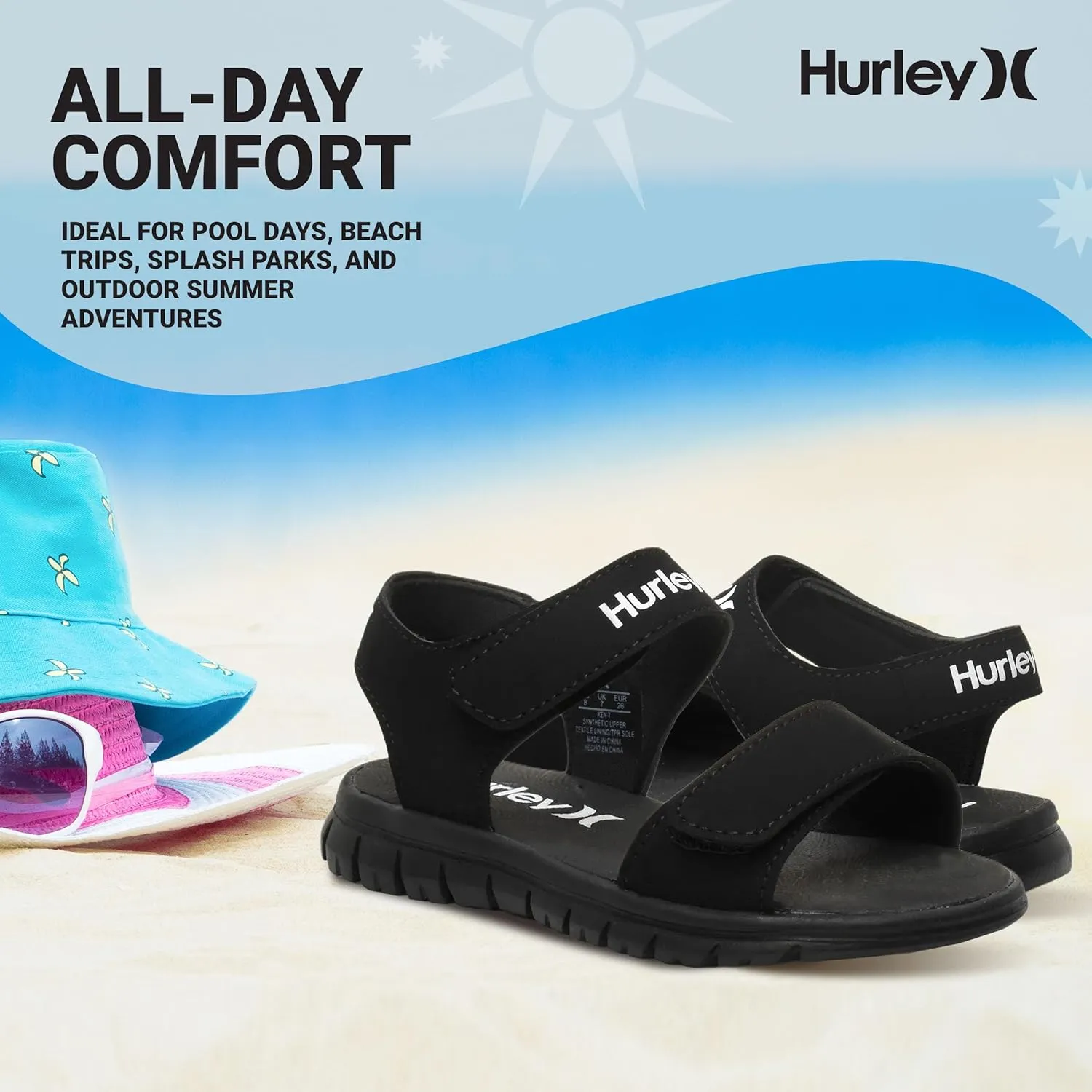 Hurley kids and toddlers Ken Sandals, for Boys and Girls, Kid's Lightweight Open Toe Sandals, Beach Sandals with Adjustable straps, for Outdoors, Water Play and Pool