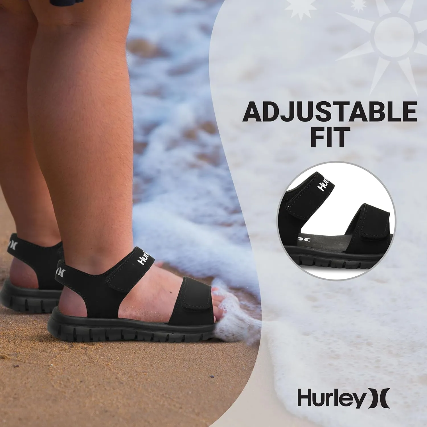 Hurley kids and toddlers Ken Sandals, for Boys and Girls, Kid's Lightweight Open Toe Sandals, Beach Sandals with Adjustable straps, for Outdoors, Water Play and Pool
