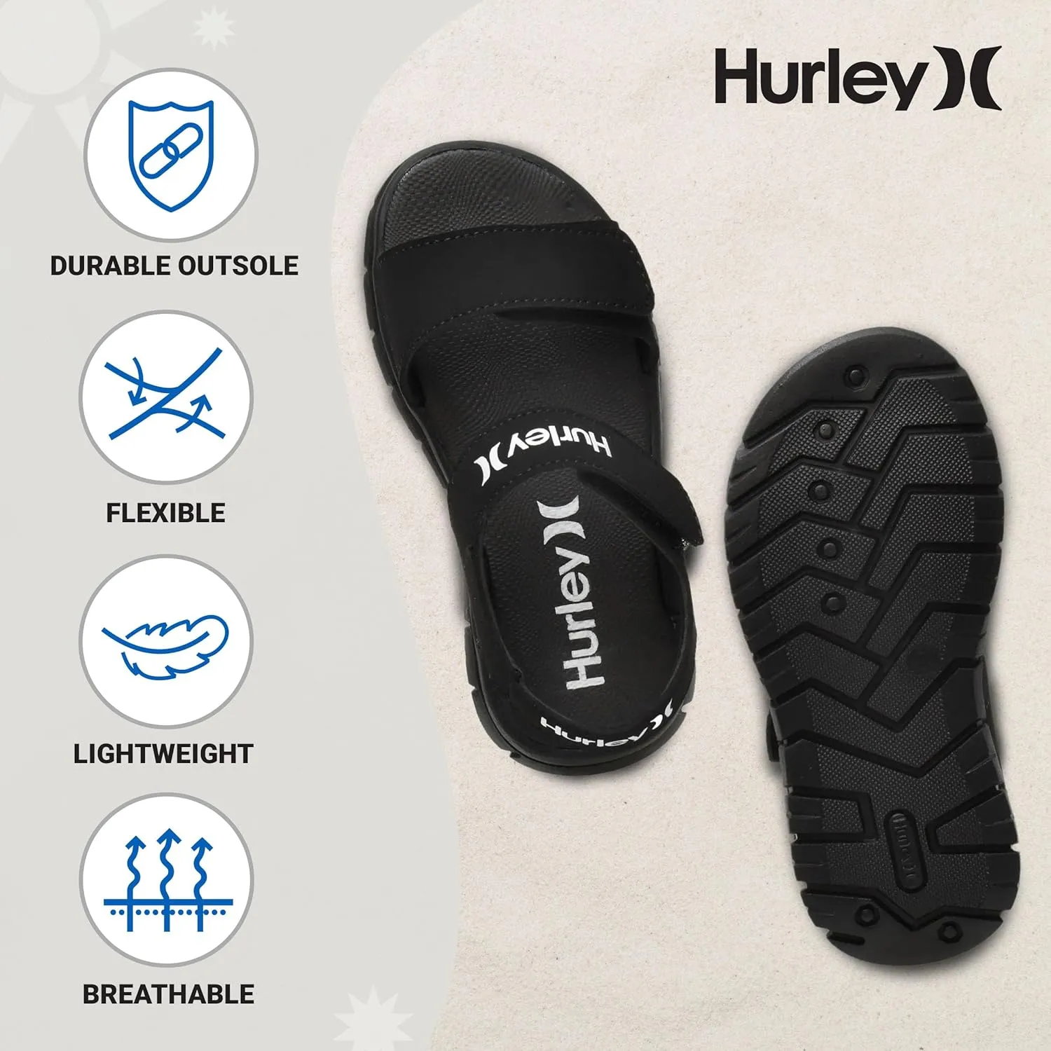Hurley kids and toddlers Ken Sandals, for Boys and Girls, Kid's Lightweight Open Toe Sandals, Beach Sandals with Adjustable straps, for Outdoors, Water Play and Pool