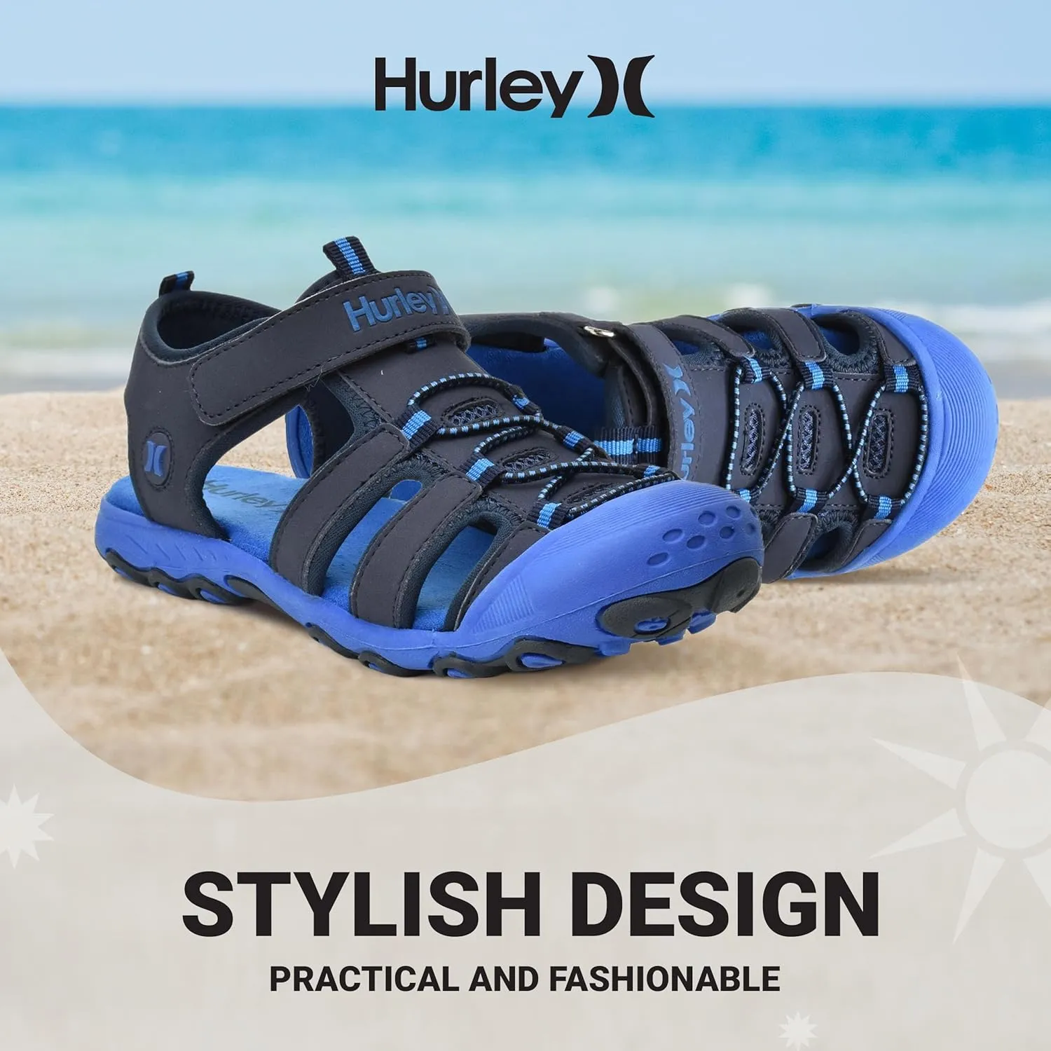 Hurley Kid's and Toddlers Water Sandals - Beach Sandals for Boys and Girls, Lightweight Durable Closed Toe with Adjustable Upper for Outdoors, Water Play and Pool Champ