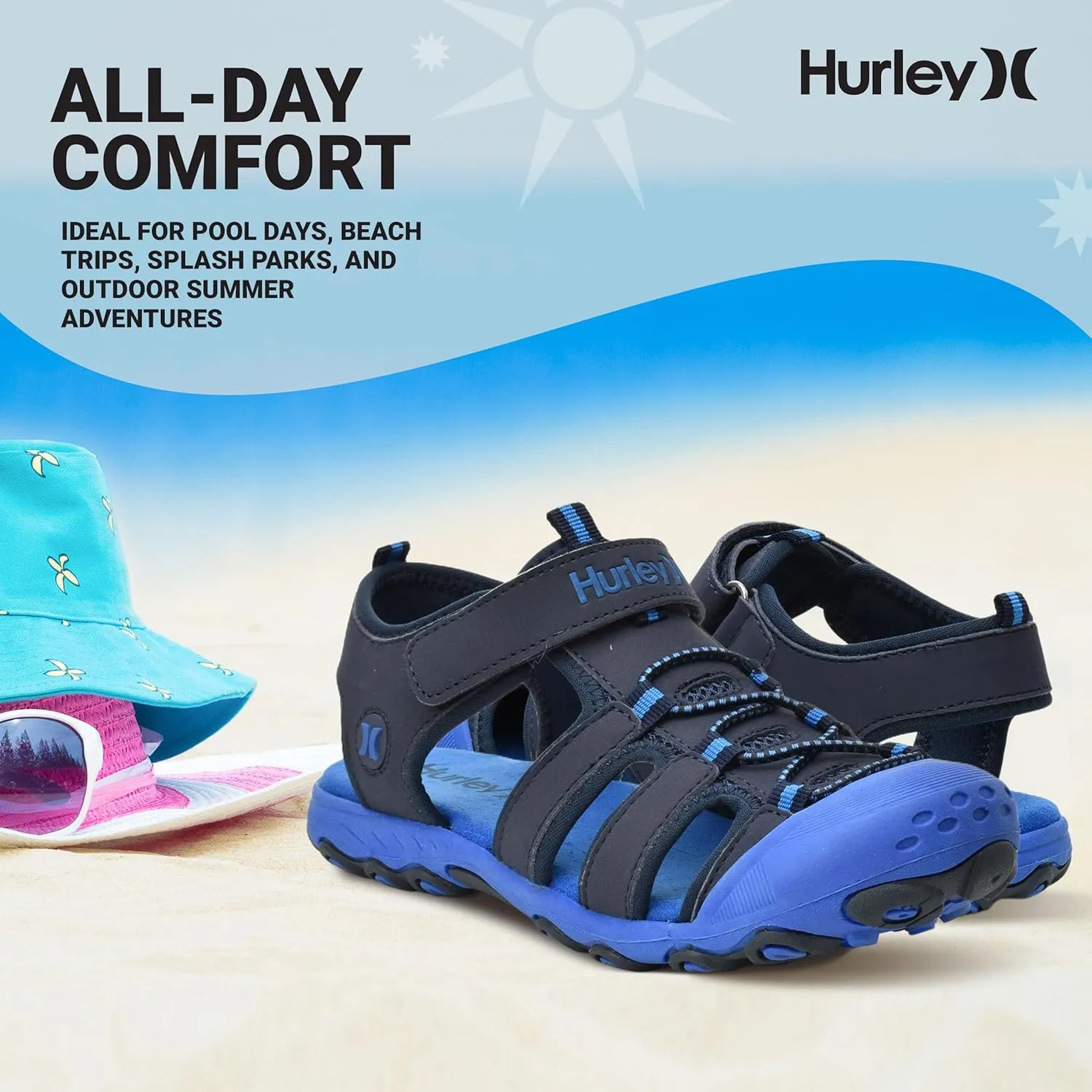 Hurley Kid's and Toddlers Water Sandals - Beach Sandals for Boys and Girls, Lightweight Durable Closed Toe with Adjustable Upper for Outdoors, Water Play and Pool Champ