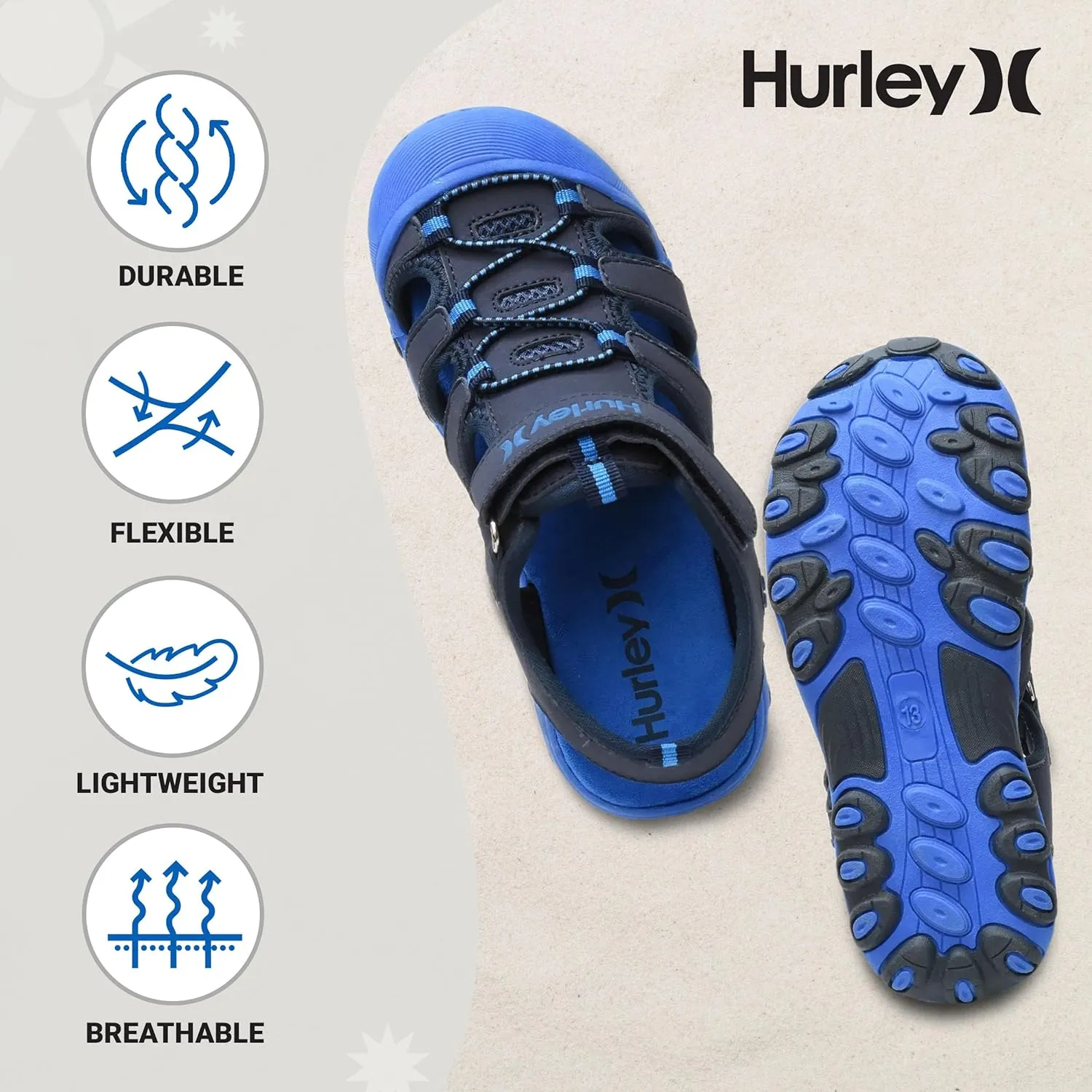 Hurley Kid's and Toddlers Water Sandals - Beach Sandals for Boys and Girls, Lightweight Durable Closed Toe with Adjustable Upper for Outdoors, Water Play and Pool Champ