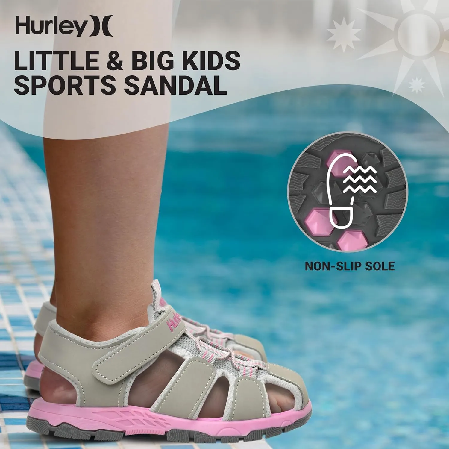 Hurley Kid's Deck Water Sandals, Sports and Beach Sandals for Boys and Girls, Lightweight Semi Closed Toe Sandals with Adjustable Upper - for Outdoors, Water Play and Pool