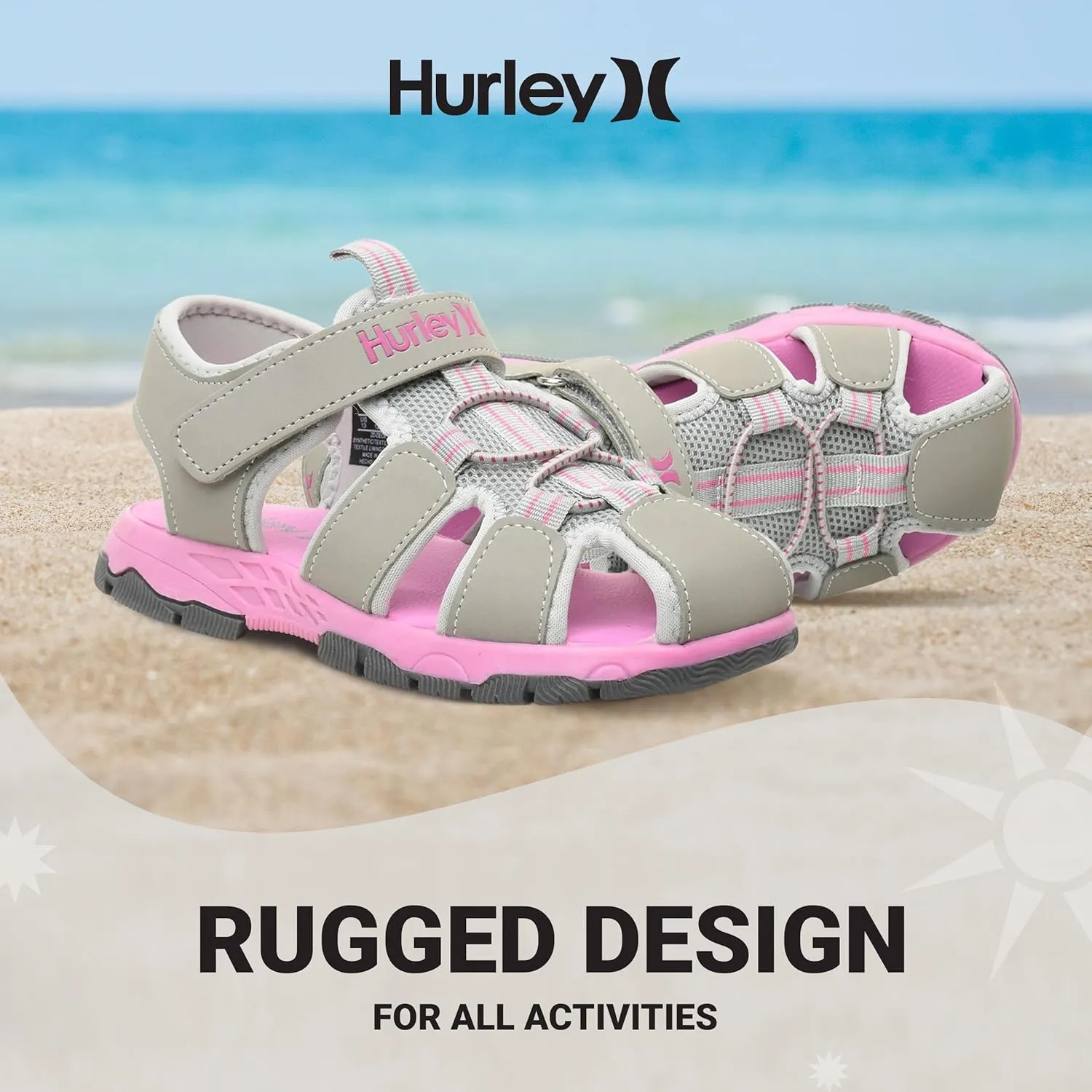 Hurley Kid's Deck Water Sandals, Sports and Beach Sandals for Boys and Girls, Lightweight Semi Closed Toe Sandals with Adjustable Upper - for Outdoors, Water Play and Pool