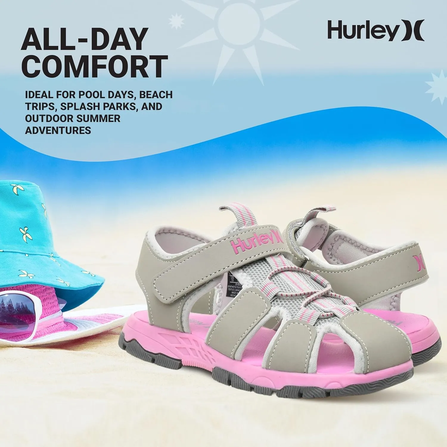 Hurley Kid's Deck Water Sandals, Sports and Beach Sandals for Boys and Girls, Lightweight Semi Closed Toe Sandals with Adjustable Upper - for Outdoors, Water Play and Pool