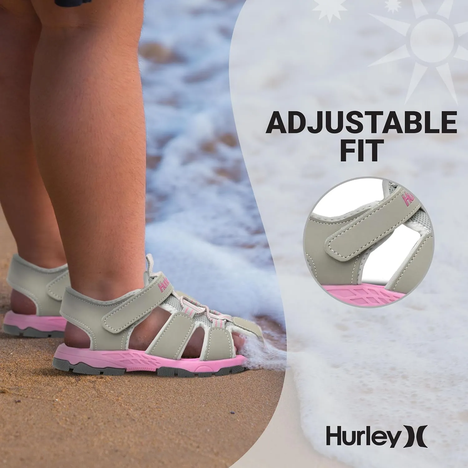Hurley Kid's Deck Water Sandals, Sports and Beach Sandals for Boys and Girls, Lightweight Semi Closed Toe Sandals with Adjustable Upper - for Outdoors, Water Play and Pool