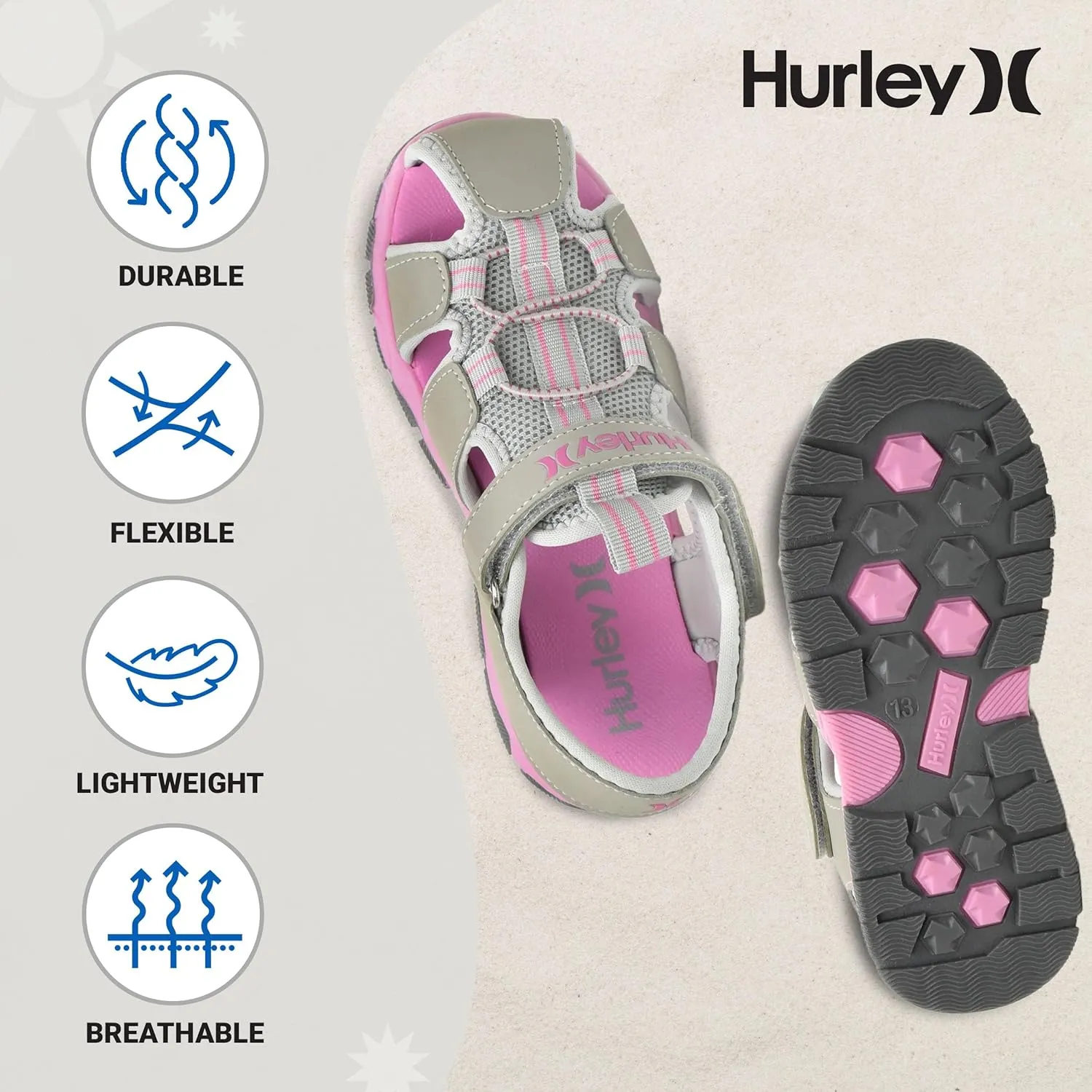 Hurley Kid's Deck Water Sandals, Sports and Beach Sandals for Boys and Girls, Lightweight Semi Closed Toe Sandals with Adjustable Upper - for Outdoors, Water Play and Pool