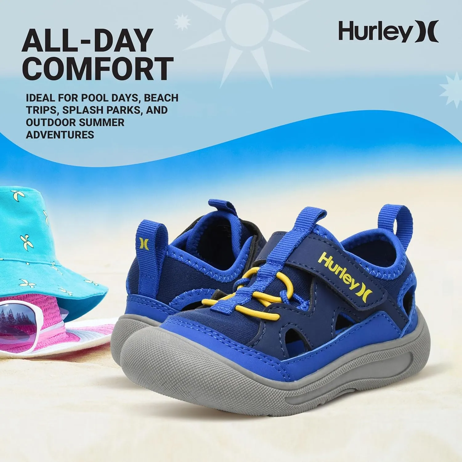 Hurley Kid's Toddlers Water Shoes, Extra Strength Outsole Water Shoes for Boys and Girls, Lightweight Closed Toe Sandals, Beach Shoes with Adjustable Upper-for Outdoors, Water Play and Pool Dylan