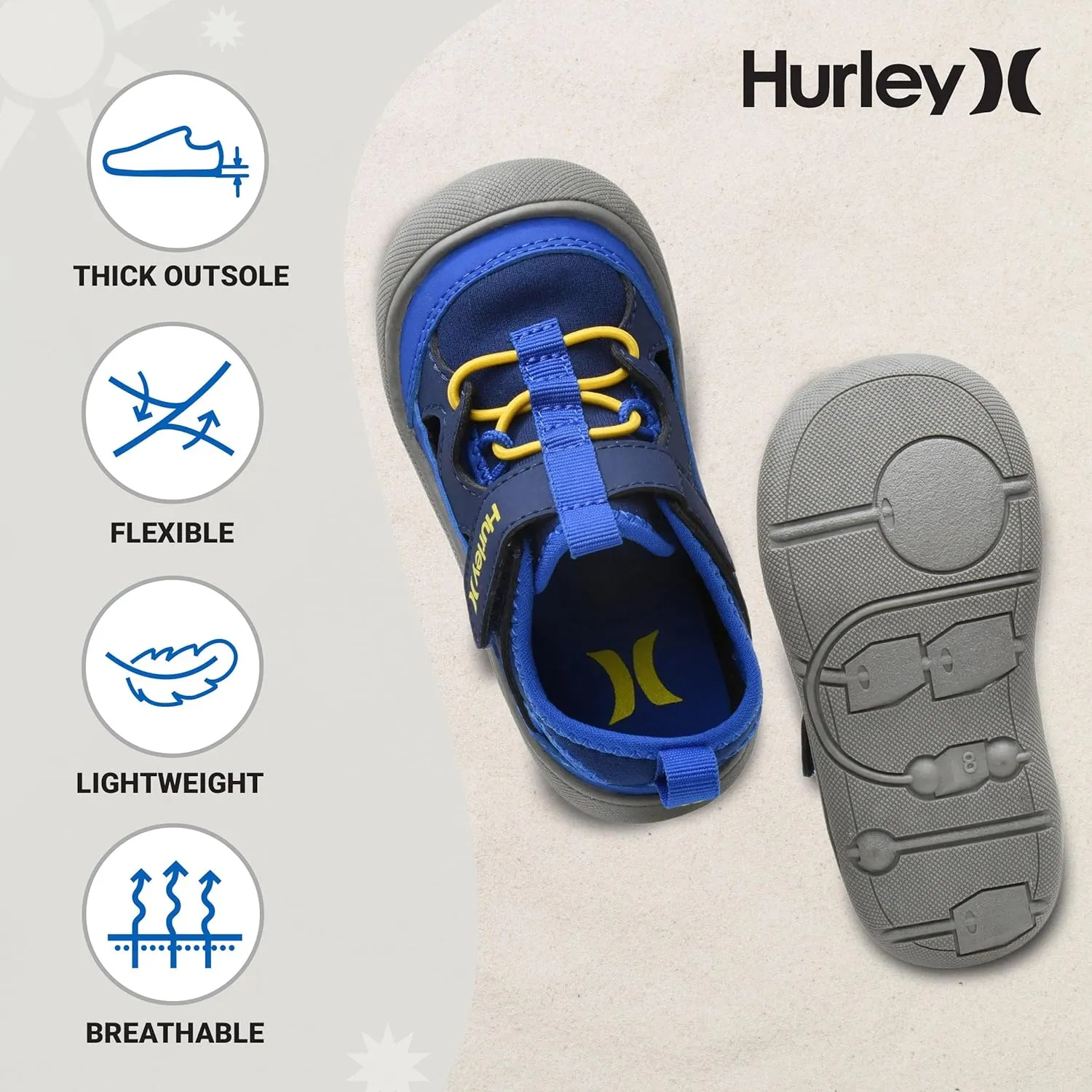 Hurley Kid's Toddlers Water Shoes, Extra Strength Outsole Water Shoes for Boys and Girls, Lightweight Closed Toe Sandals, Beach Shoes with Adjustable Upper-for Outdoors, Water Play and Pool Dylan