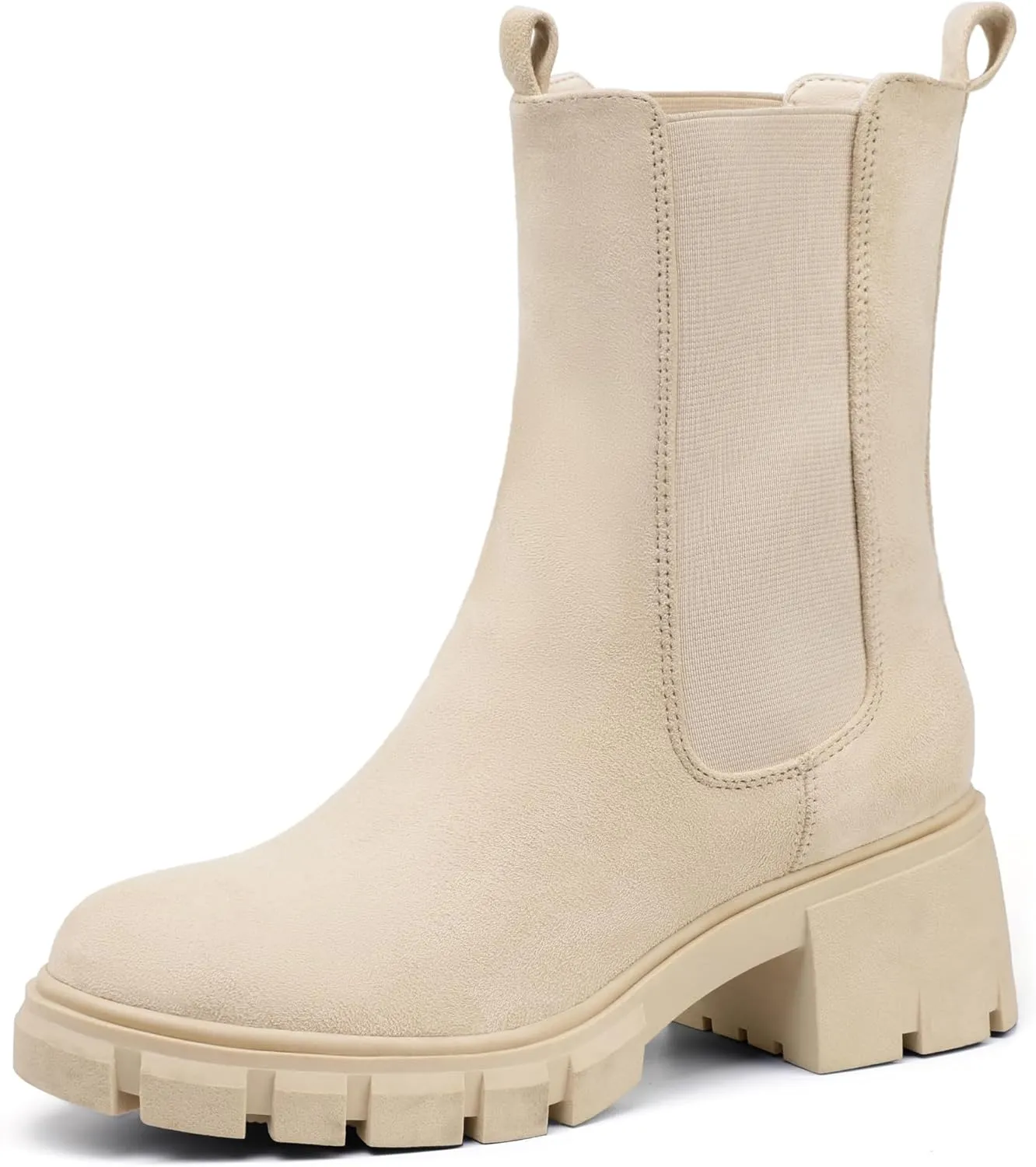 IDIFU IN2 Chelsea Ankle Boots for Women Low Short Block Chunky Heel Mid Calf Slip On Lug Sole Platform Fall Dress Booties Ladies Fashion Comfortable Casual Cute Trendy Elastic Thick Boots