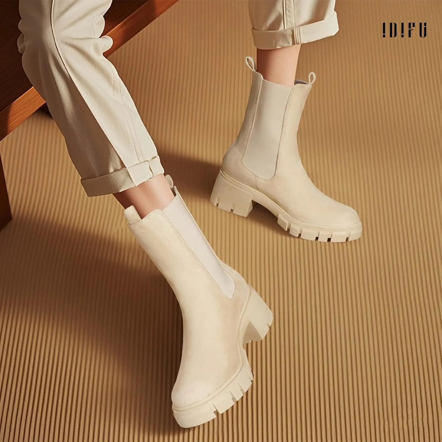 IDIFU IN2 Chelsea Ankle Boots for Women Low Short Block Chunky Heel Mid Calf Slip On Lug Sole Platform Fall Dress Booties Ladies Fashion Comfortable Casual Cute Trendy Elastic Thick Boots