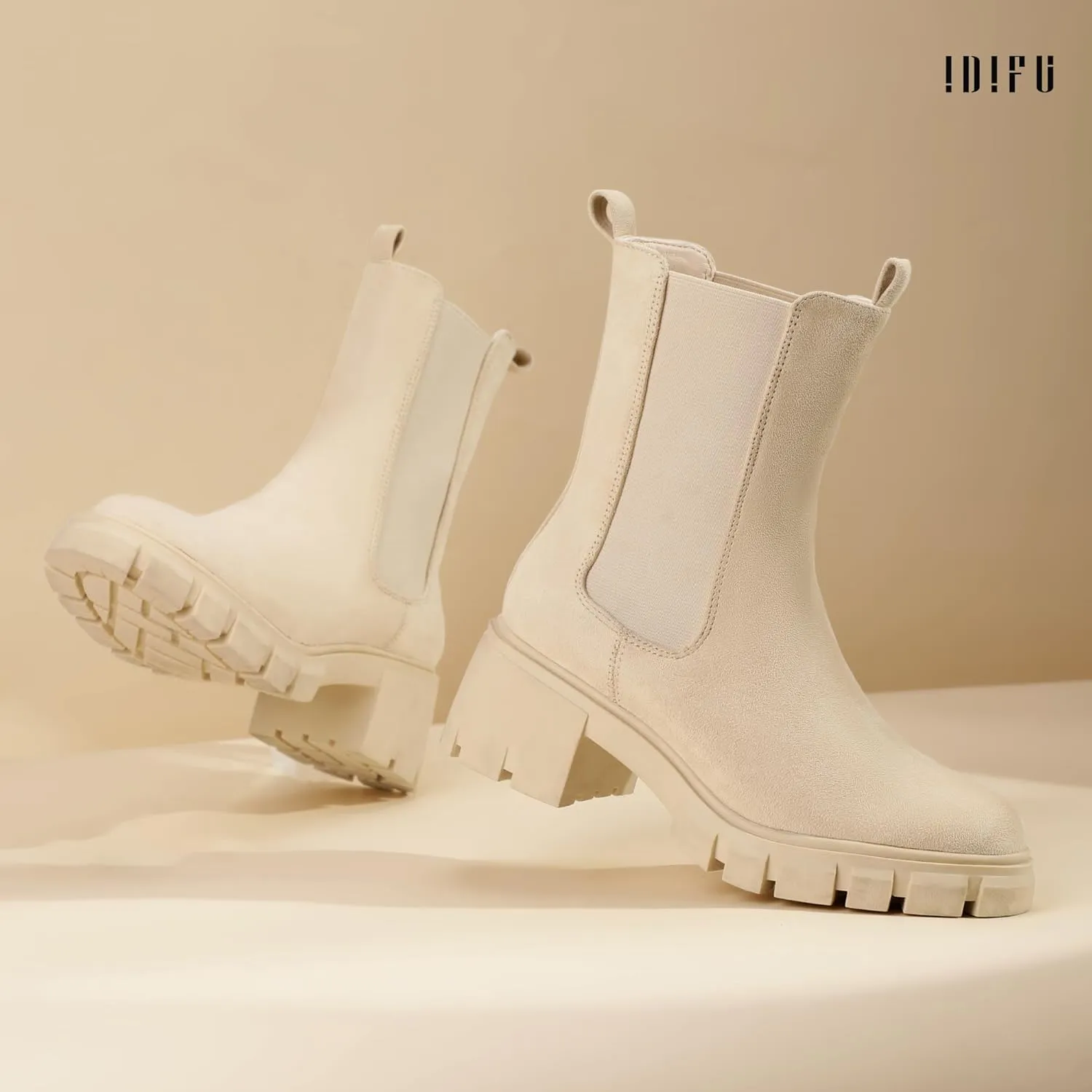 IDIFU IN2 Chelsea Ankle Boots for Women Low Short Block Chunky Heel Mid Calf Slip On Lug Sole Platform Fall Dress Booties Ladies Fashion Comfortable Casual Cute Trendy Elastic Thick Boots