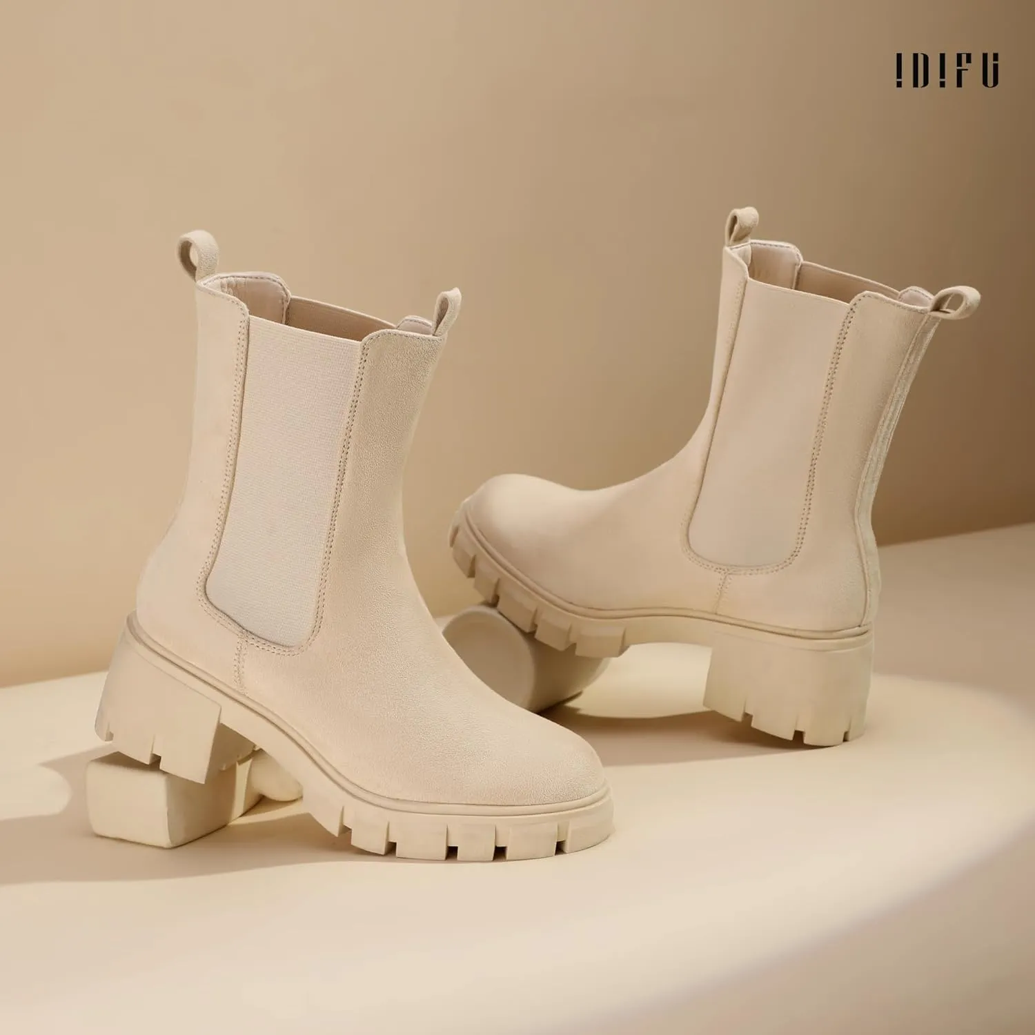 IDIFU IN2 Chelsea Ankle Boots for Women Low Short Block Chunky Heel Mid Calf Slip On Lug Sole Platform Fall Dress Booties Ladies Fashion Comfortable Casual Cute Trendy Elastic Thick Boots