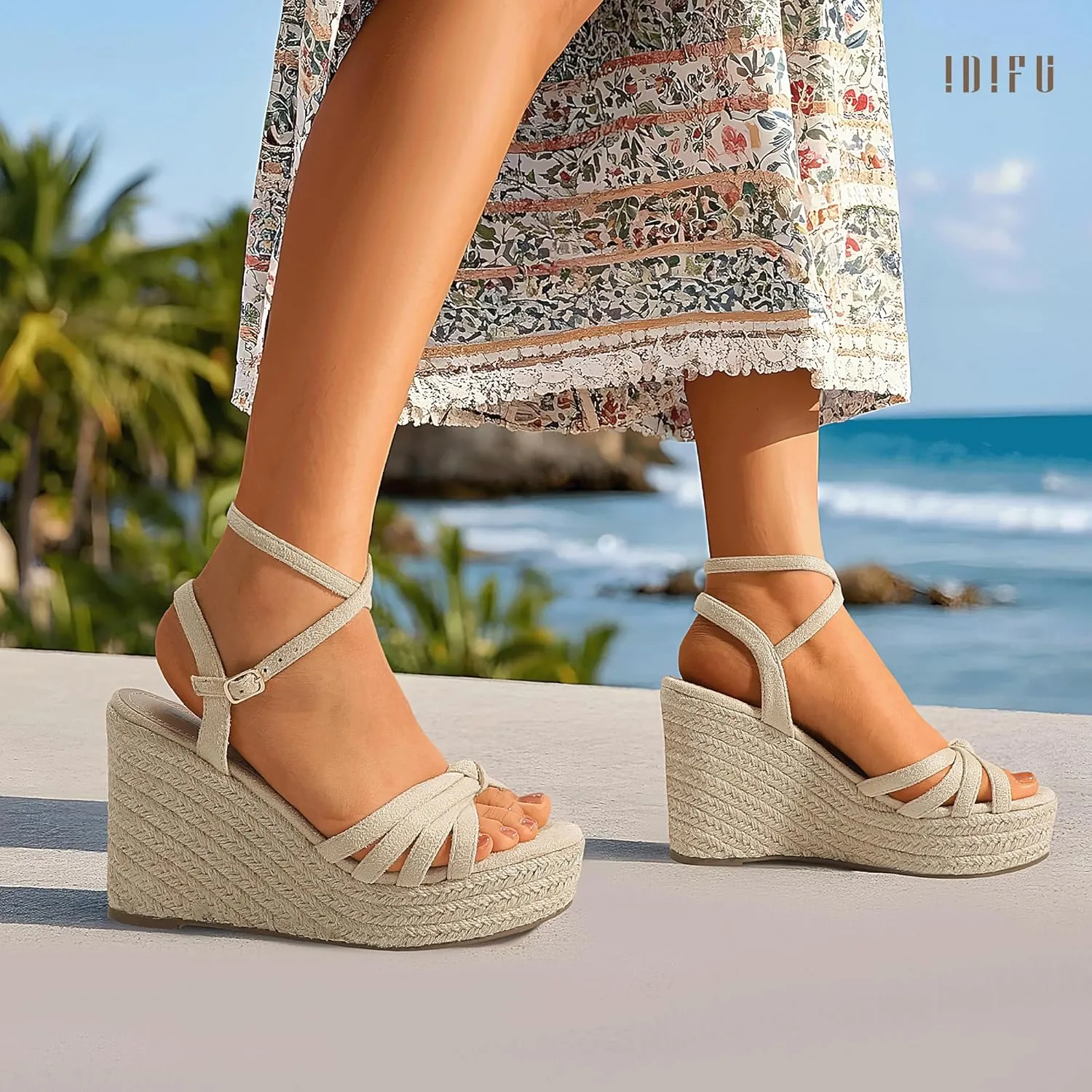 IDIFU IN4 Wedge Sandals for Women Espadrilles Ankle Strap Platform Wedges Heels for Women Wedding Bridal Ladies Wedge Sandals Comfortable Summer Dressy Sexy Strappy Wedge Shoes