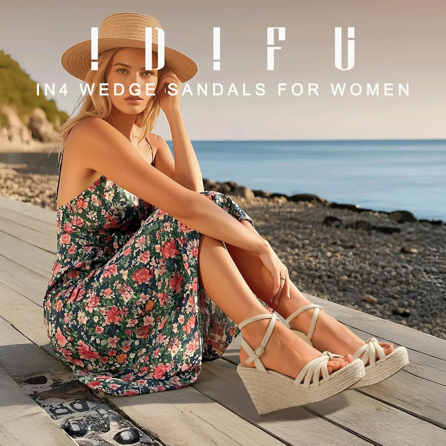 IDIFU IN4 Wedge Sandals for Women Espadrilles Ankle Strap Platform Wedges Heels for Women Wedding Bridal Ladies Wedge Sandals Comfortable Summer Dressy Sexy Strappy Wedge Shoes