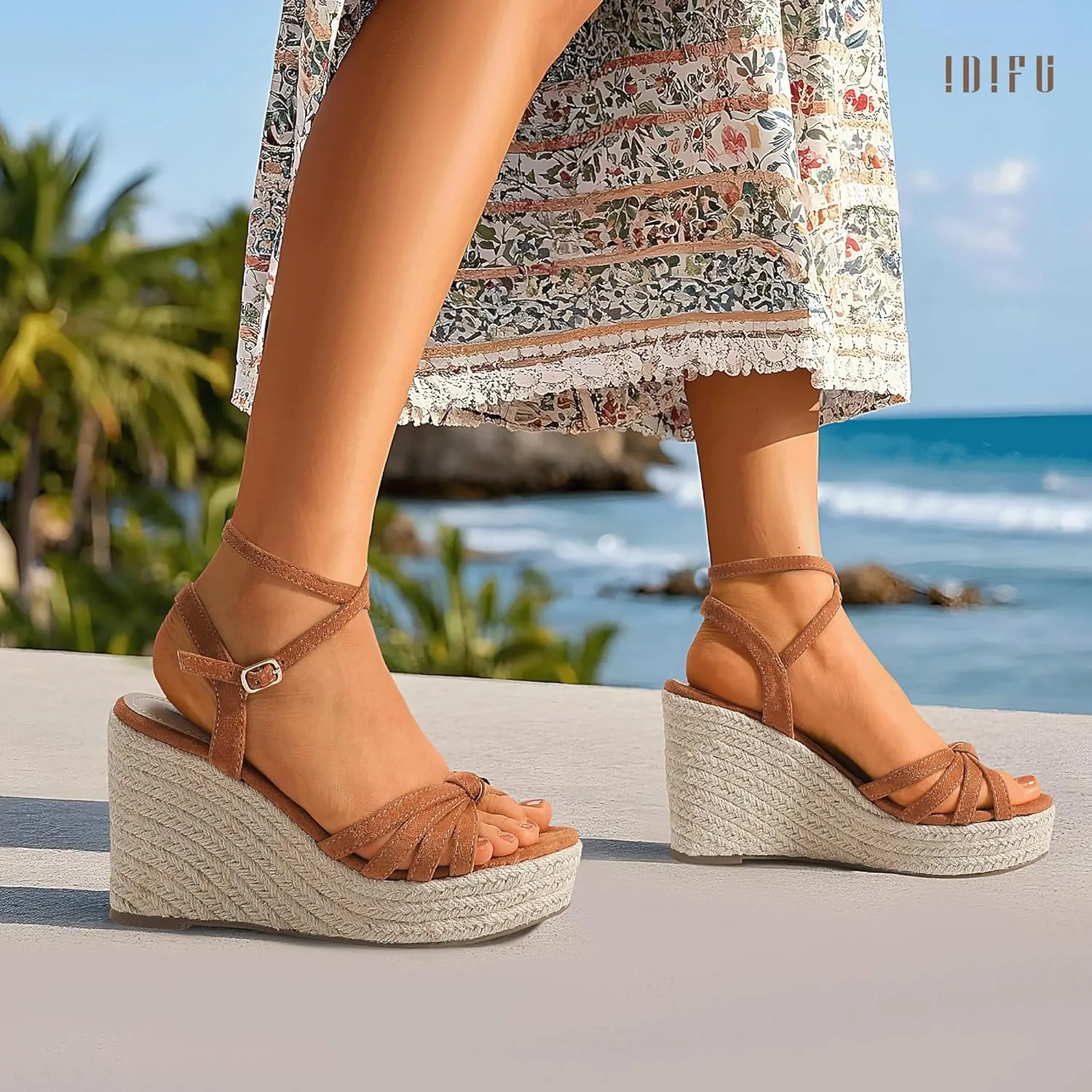 IDIFU IN4 Wedge Sandals for Women Espadrilles Ankle Strap Platform Wedges Heels for Women Wedding Bridal Ladies Wedge Sandals Comfortable Summer Dressy Sexy Strappy Wedge Shoes