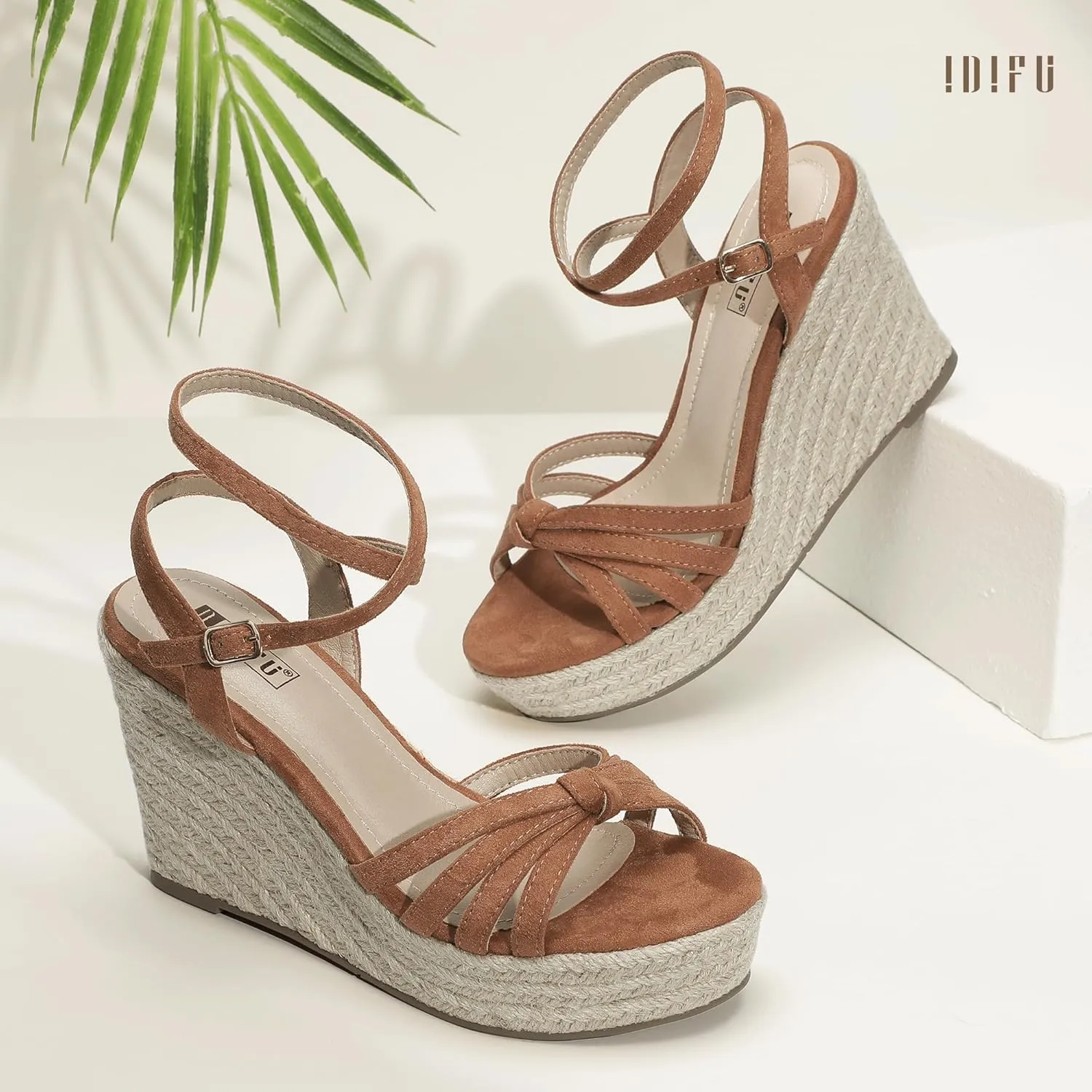 IDIFU IN4 Wedge Sandals for Women Espadrilles Ankle Strap Platform Wedges Heels for Women Wedding Bridal Ladies Wedge Sandals Comfortable Summer Dressy Sexy Strappy Wedge Shoes