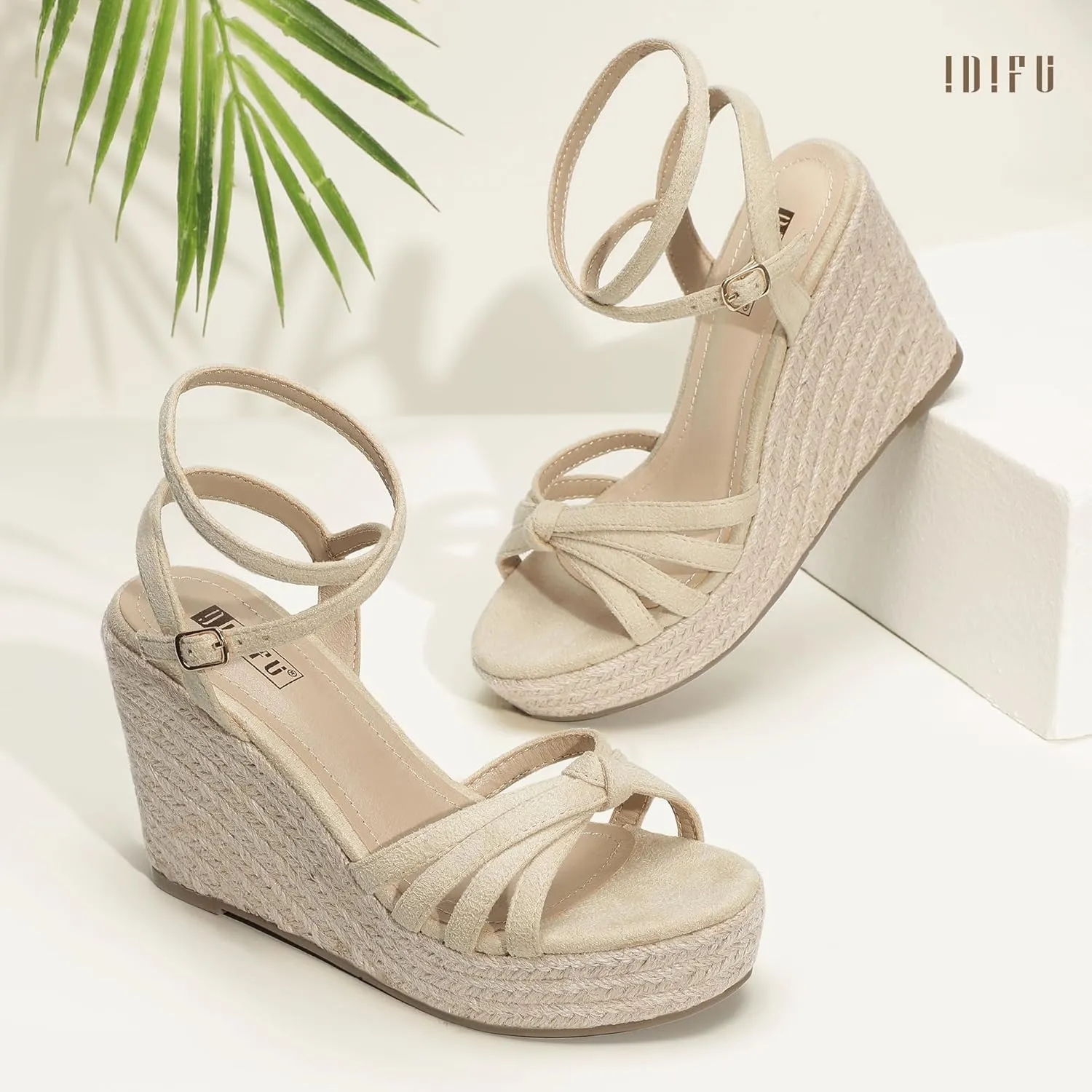 IDIFU IN4 Wedge Sandals for Women Espadrilles Ankle Strap Platform Wedges Heels for Women Wedding Bridal Ladies Wedge Sandals Comfortable Summer Dressy Sexy Strappy Wedge Shoes