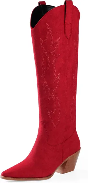 iiimmu Cowgirl Boots Women Knee High Boots Pointed Toe and Block Heel Cowboy Suede and Faux Leather Boots with Embroidered