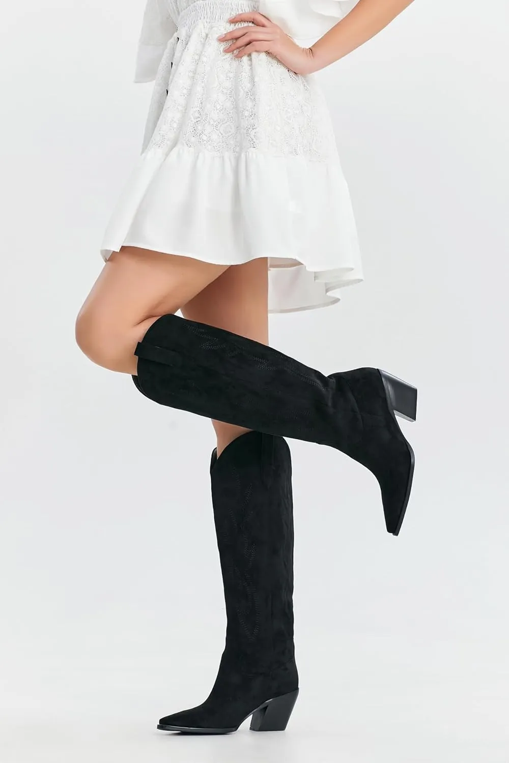 iiimmu Cowgirl Boots Women Knee High Boots Pointed Toe and Block Heel Cowboy Suede and Faux Leather Boots with Embroidered