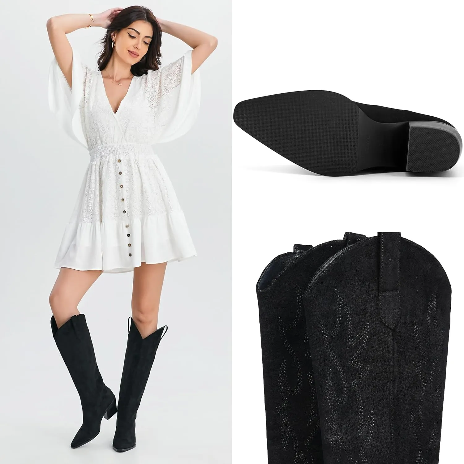 iiimmu Cowgirl Boots Women Knee High Boots Pointed Toe and Block Heel Cowboy Suede and Faux Leather Boots with Embroidered