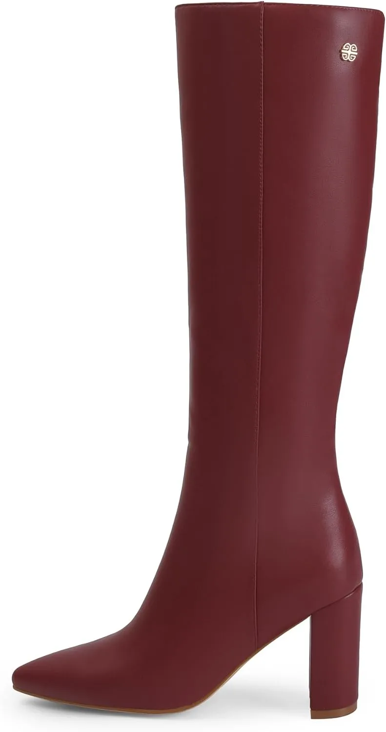 iiimmu Knee High Boots for Women 3 IN Chunky Heel with Side Zipper Soft Faux Leather Tall Boots Pointed Toe 15 IN Shaft