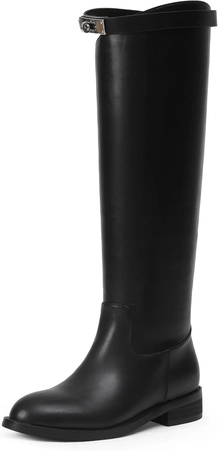 iiimmu Riding Boots for Women Silver Buckle Women's Knee High Boots Round Toe Faux Leather Motorcycle Style