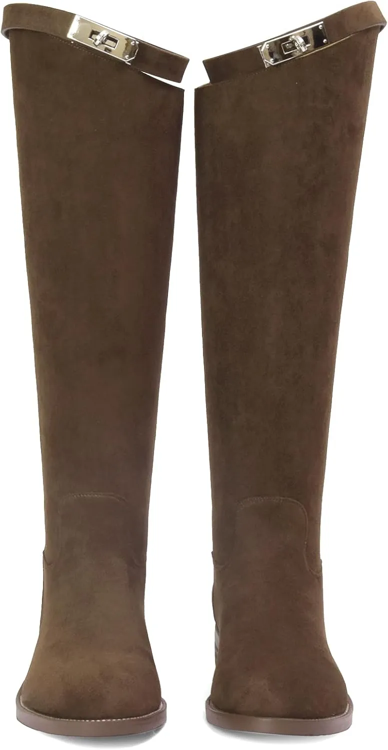 iiimmu Riding Boots for Women Silver Buckle Women's Knee High Boots Round Toe Faux Leather Motorcycle Style